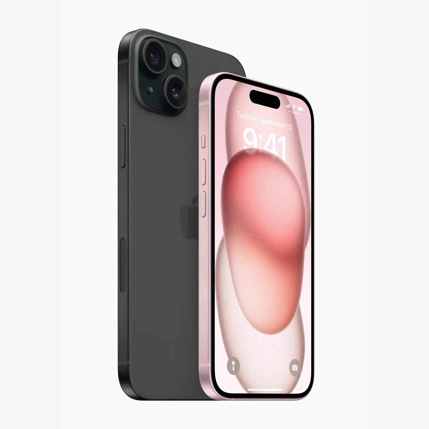 Vista frontal oficial de referencia del iPhone 15 rosado; no es inventario de Tecno Express