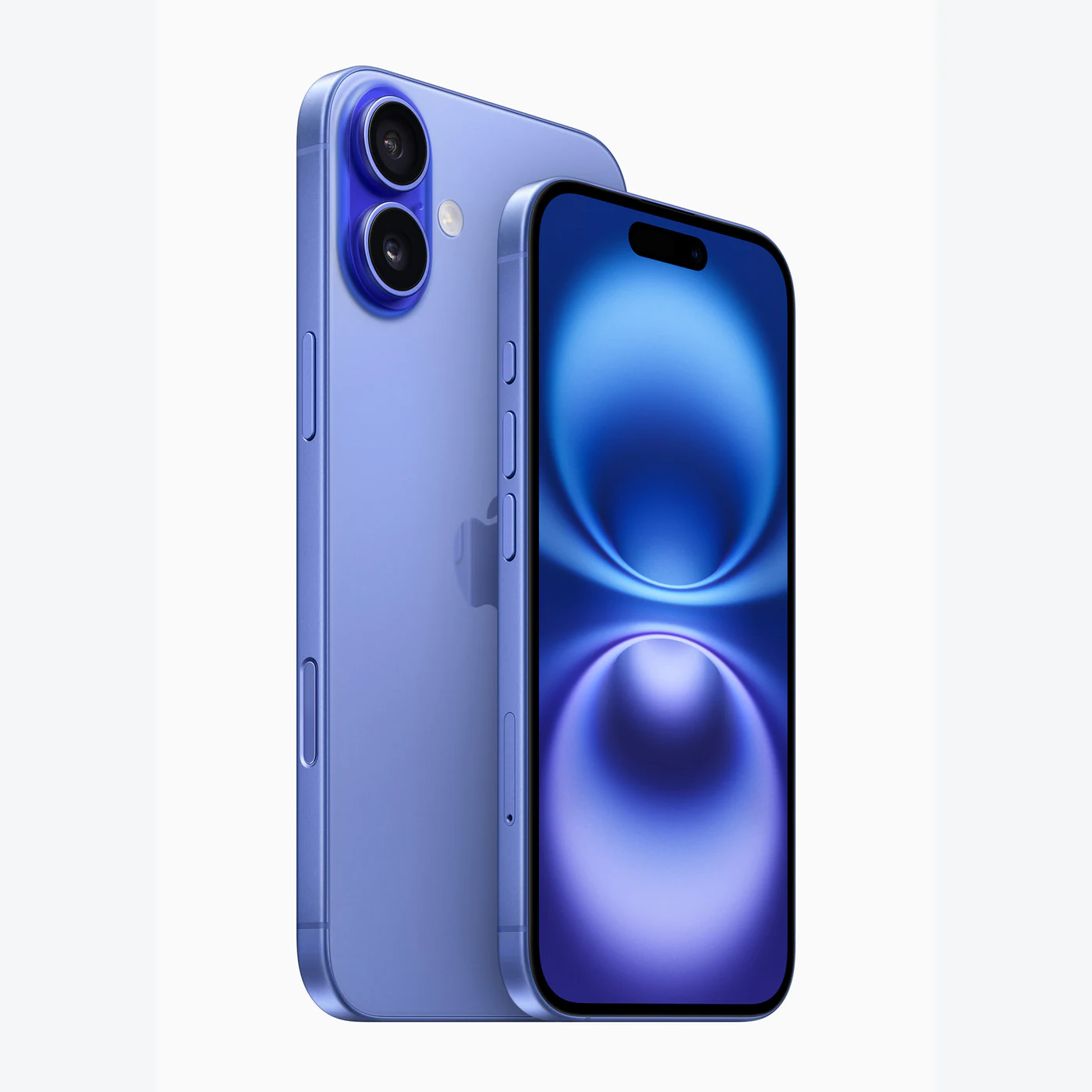 Vista frontal oficial de referencia del iPhone 16 azul; no es inventario de Tecno Express