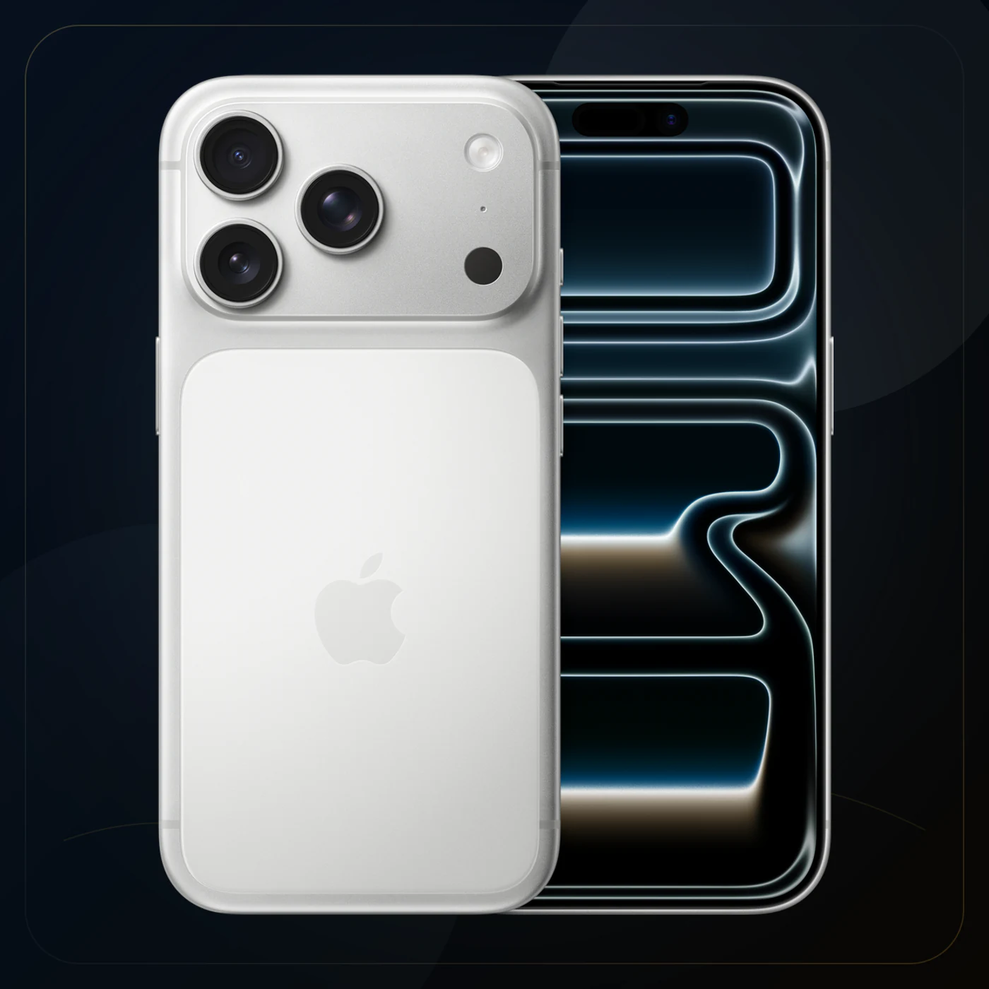 Composición oficial de referencia del iPhone 17 Pro plateado, con frente y respaldo; no es inventario de Tecno Express