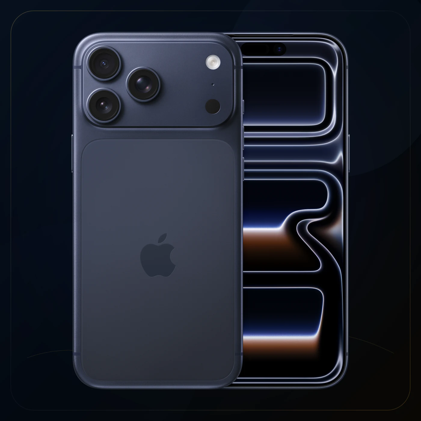Composición oficial de referencia del iPhone 17 Pro Max azul profundo, con frente y respaldo; no es inventario de Tecno Express