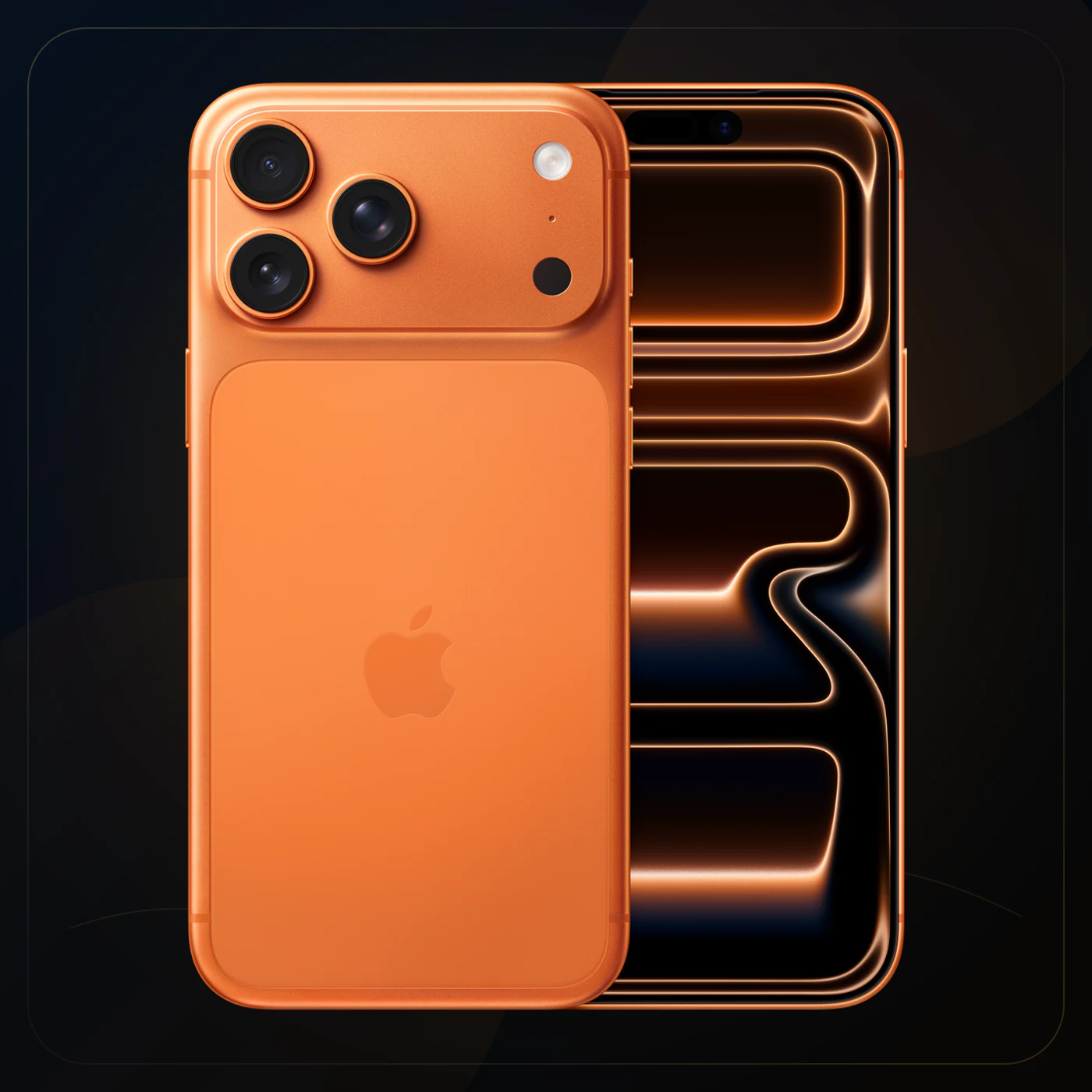 Composición oficial de referencia del iPhone 17 Pro Max naranja cósmico, con frente y respaldo; no es inventario de Tecno Express