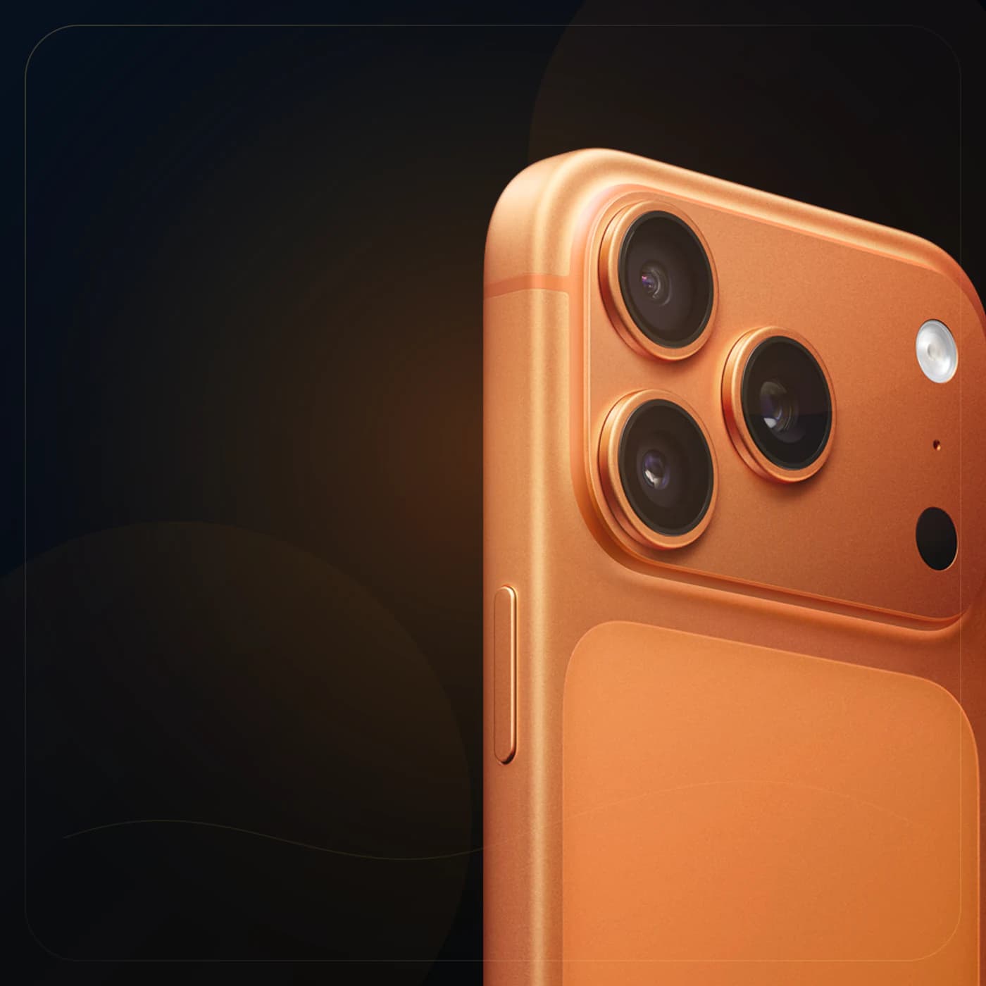 Detalle posterior oficial de referencia del iPhone 17 Pro Max naranja cósmico; no es inventario de Tecno Express